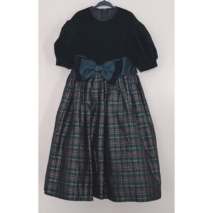 Elissa Craig Int Emerald Velvet Satin Plaid Dress Christmas Girls Size 8 VTG